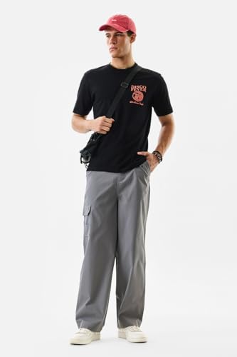 Image of SNITCH Men Cargo Pants | Relaxed Fit Wide-Leg Utility Wear | 100% Polyester with Herringbone Texture & Multiple Utility Pockets | Durable Design for Casual & Everyday Wear