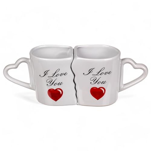 MIJOMA Set di 2 tazze da caffè I love you, romantiche, a forma di cuore, perfette per coppie, in gres, 300 ml, bianco, MIJ-411085