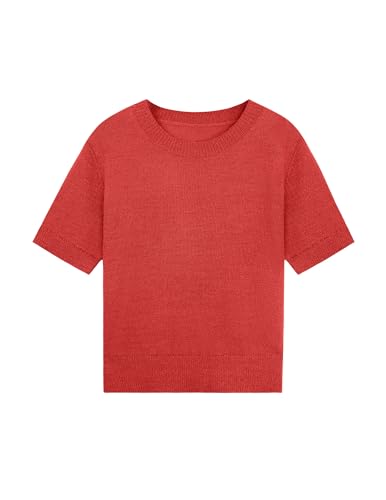 Image of Libsorge Womens Cropped Short Sleeve Sweater Fall 2025 Crewneck Sheer Knit Tops - Lightweight, Thin, Crop, Slim Fit