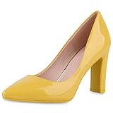 spitze gelb meterware  VAN HILL Damen Spitze Pumps Blockabsatz High Heels Party Schuhe Elegante Abendschuhe Lack Absatzschuhe 211160 Dunkelgelb 38