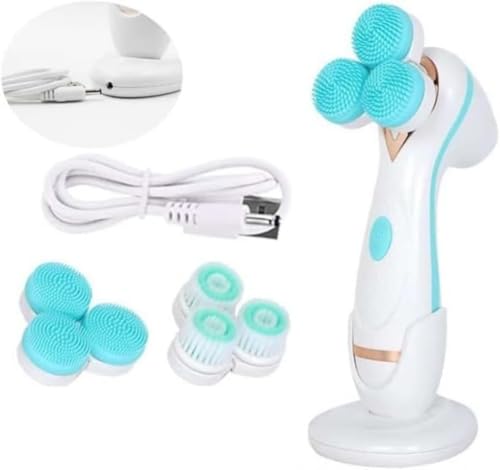 洗顔ブラシ 電動 シリコン 音波洗顔 回転式 ボディブラシ 毛穴ケア 洗顔器 角質除去 美肌 メーク落とし 充電 防水 超音波 鼻 IPX6防水 USB充電式 3種ヘッド付き メンズ 男女兼用 (ブルー,新しいモデル(USB充電))