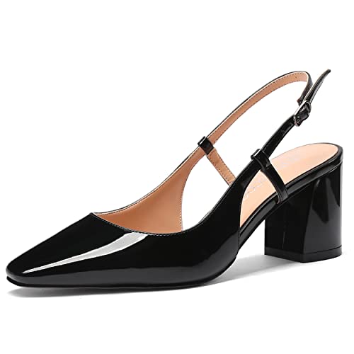 MODENCOCO Women's Square Toe Patent Buckle Sexy Slingback Evening Block Mid Heel Pumps Shoes 2.5 Inch