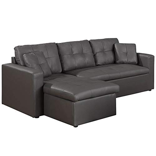 Canape Convertible d’Angle Simili PU Gris Méridienne Reversible Droite ou Gauche | Modèle Toledo | Canape Lit avec Coffre de Rangement| Coussins et Assise...