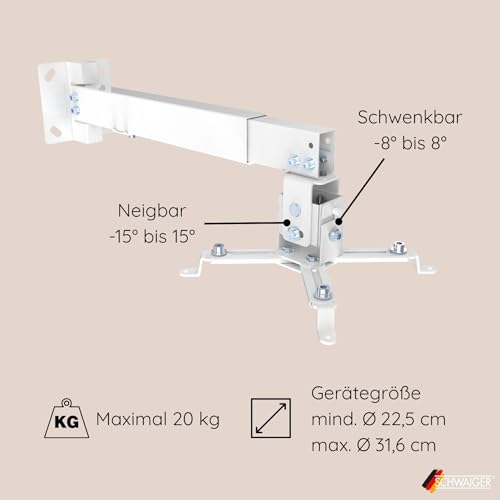 SCHWAIGER Beamer Deckenhalterung Wandhalterung Projektor Halterung universal neigbar drehbar schwenkbar 20kg Tragkraft Wand Decke weiß für Heimkino Büro Wohnzimmer Konferenzraum