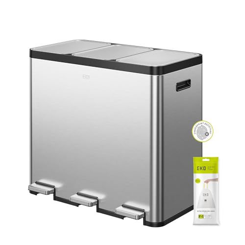 EKO Ecocasa Recycling Bin 20L+20L+20L, Stainless Steel 3 Compartment Rubbish Bin with Individual Pedals for Kitchen Waste Separation, Plastic Inner Buckets and Handles, Soft Closure, Matt Metallic