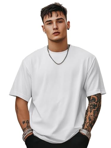 Image of Oversized Baggy Fit Drop Shoulder Half Sleeves Round Neck Solid Pure 100% Cotton T-Shirt for Men (Available in White, Black,Navy Color)