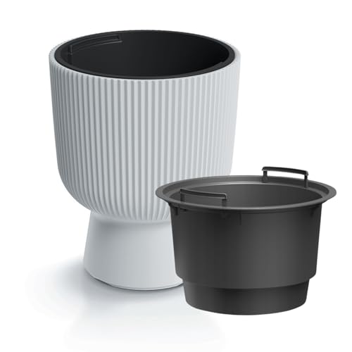 B2C Plant Pots Flower Planter 7 Colours 3 sizes Tall with insert Wavy Plastic Pot Boho Elegant Textured Cylindrical with base indoor/outdoor Modern (White, 24cm - 8.5L)