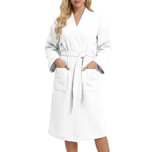 Albornoz De Casa Mujer Manga Kimono Waffle albornozs Nido Abeja Respirable Ropa De Dormir Con Cinturón Y Bolsillos