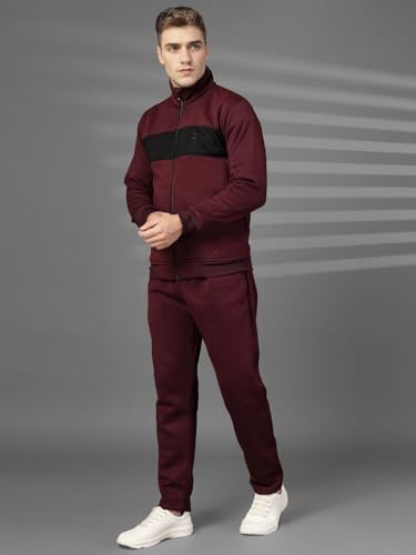 Image of CHKOKKO Mens High Neck Winter Tracksuit Full Zip Jacket with Elastic Waist Lower Warm and Soft Activewear Set for Gym Running and Casual Use Wine Black M