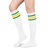 Calcetines altos hasta la rodilla para mujer, calcetines de tubo, calcetines atléticos para mujer, calcetines altos de algodón, calcetines largos hasta la rodilla, Blanco/Verde Amarillo, Talla única