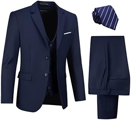 Mens Suits Navy Blue Suits for Men Regular Fit Men's Tuxedo Formal Wedding Business Suits 3 Pieces Blazer Vest Pants with Tie M