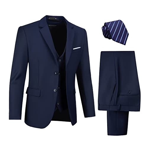 Mens Suits Navy Blue Suits For Men Regular Fit Men's Tuxedo Formal Wedding Business Suits 3 Pieces Blazer Vest Pants With Tie M #TOP2