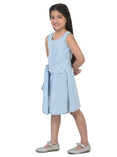 Image of CuB McPAWS be curious Girl's Denim A-Line Knee Length Dress | Tie-Knot | Sleeveless | 4-12 Years