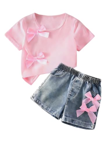Image of Azmxynol Kid Girls Clothes Outfits Bowknot T-Shirt + 2 In 1 Denim Short Skort Summer Clothing Set, Size 4-10 Years