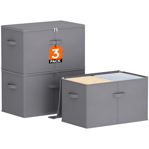 Lifewit Zestaw 3 pudełek do przechowywania tkanin, pudełko do przechowywania z pokrywką, szafa na zamek błyskawiczny, organizer do szafy 56x33x32 cm na ubrania, koc, zabawki, szary