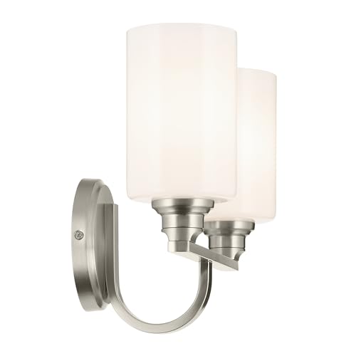 Image of Kichler Gioe 14.25 inch 2-Light Vanity Light with Opal Glass in Brushed Nickel, Damp Rated, for Bathroom, Powder Room, Over a Mirror, (14.25 inch W x 10.5 inch H), 55225NI