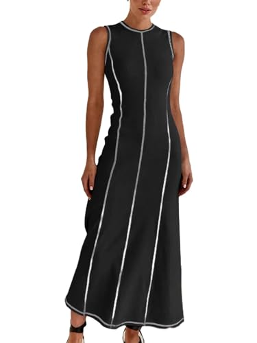 Image of Women's 2025 Summer Sundress Elegant Casual Crew Neck Sleeveless Knit Striped Bodycon Maxi Dress