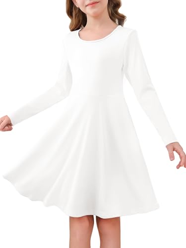 Haloumoning Girls Long Sleeve Skater Dress Kids Casual Crewneck A-Line Flowy Fall Dresses 5-14 Years