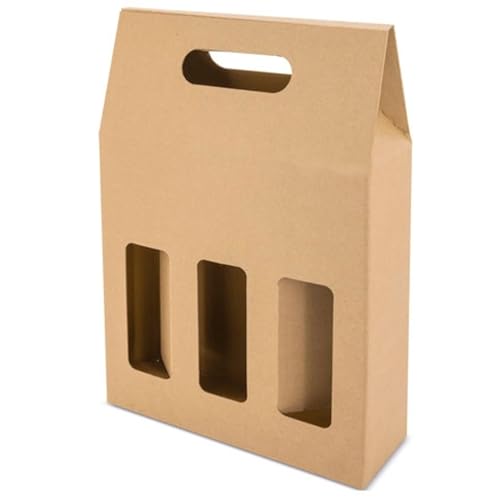 AC - Pack de 5 Cajas de cartón con Ventanas, aptas para 3 Botellas de Vino, Incluyen asa, Guardar, Regalar, Envolver champán, Navidad, 41 x 27 x 9 cm