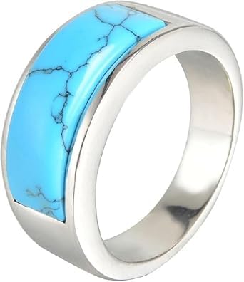 Mens Rings,Faux Turquoise Titanium Steel Men's Ring,Signet Rings For Men,Turquoise Rings,Vintage Rings,Anti Anxiety Ring For Men (Steel colored turquoise, 9)