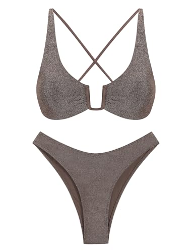 ZAFUL Women's Two Piece Swimsuit Textured U-Wired Metal Criss Cross String Bikini High Leg Bathing Suits