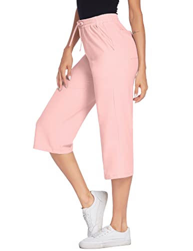 Wildtrest Womens Capris Pants Loose Yoga Pants Wide Leg Crop Pants Drawstring Lounge Pajama Capris Sweatpants With Pockets Pink #TOP1