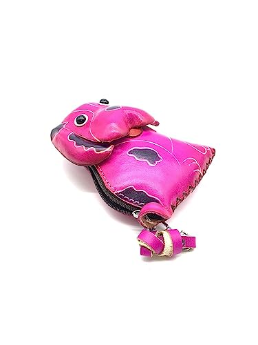 Handmade Genuine Leather 3D Animal Dog Coin Purse with Removable wrist strap (Pink)3