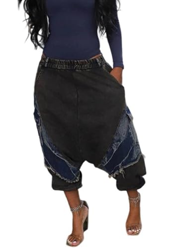 Pantalon sarouel en denim pour femme look urbain décontracté avec taille haute stretch