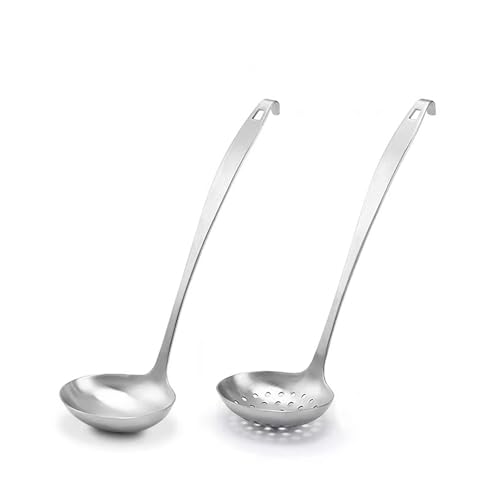 Cooking Ladles,Serving Scoop And Ladle Strainer Set Of 2 with Hook and Hole for Easy Hanging,Stainless Steel Soup Ladles Set for Kitchen