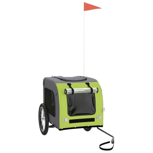 vidaXL Remorque de Vélo pour Animaux de Compagnie, Chariot à Vélo pour Chien avec Drapeau, Poussette de Chien, Vert et Gris Tissu Oxford et Fer