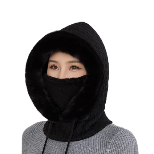 Akiiger ZI10771-BK Womens Winter Hats, Warm Hooded Scarf Hat For Women, Fleece Beanie Hats With Drawstring, Winter Balaclava Knit Skull Cap cover