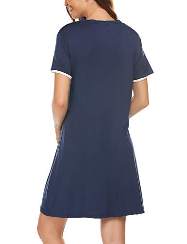 Ekouaer Night Dress Womens Long Sleeve Long Nightgown Neck Sleepwear Sleep Shirt Sleep Dress Nightshirt(Navy Blue,XXL)