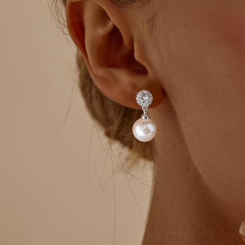 Elegant Diamond Pearl Drop Earrings 925 Sterling Silver Post Cubic Zirconia Gold Long Dangle Pearl Earrings for Brides Bridesmaids Wedding Party Everyday Wear4