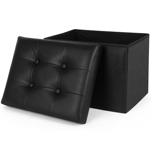 NISUNS OT01 Leather Folding Storage Ottoman Cube Footrest Seat, 12 X 12 X 12 Inches (Black)