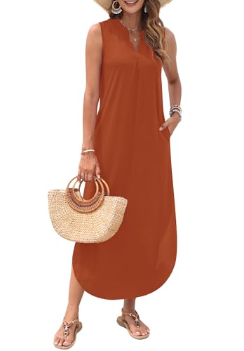 Image of AUSELILY Womens Summer Casual Maxi Dresses 2026 Sleeveless Long Beach Dresses V Neck Loose Sundresses with Side Split Pockets