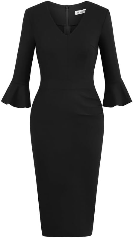 MUXXN Women's 50s Vintage 3/4 Sleeve Ruffled Sleeve V Neck Midi Business Formal Work Bodycon Pencil Dresses - Image 3