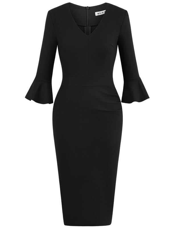 MUXXN Women's 50s Vintage 3/4 Sleeve Ruffled Sleeve V Neck Midi Business Formal Work Bodycon Pencil Dresses3
