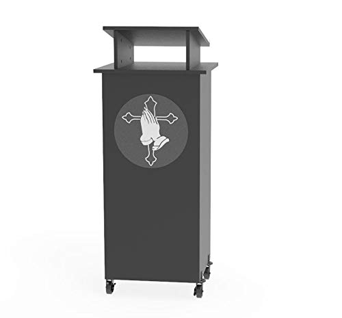 Image of FixtureDisplays® Black Wood Podium Pulpit Lectern Event with Prayer Hands Logo Debate Speech School Mobile on Wheels Castors Easy Assembly Required Come with Videos 10057+12152-NPF