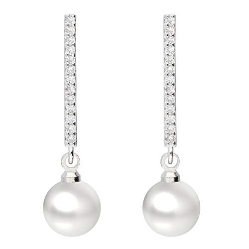 MYA art Damen Ohrstecker 925 Silber mit Zirkonia Perlen Weiß 8mm Hängende Perlenohrringe Ohrringe Hängend Stab Ohrhänger MYASIOHR-137 Cover
