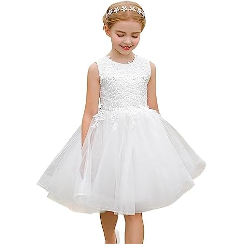Flower Girl Dress White Sleeveless Lace Top Tulle Skirt Girls Birthday Wedding Party First Communion Dresses White Size 6 Cover