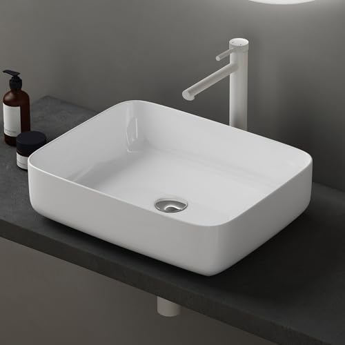 doporro Lavabo Vasque à Poser Blanc 50x40x13,5 cm Lave Mains Rectangulaire en Céramique Revêtement NANO Easy Clean Brüssel106