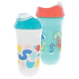 Nuby No Spill Insulated Cool Sipper Transition Cup with Soft Slicone Rim Spout | 9 oz/ 270 ml | 2 Pack Printed: Aqua Animals & White Shapes | 18 months +