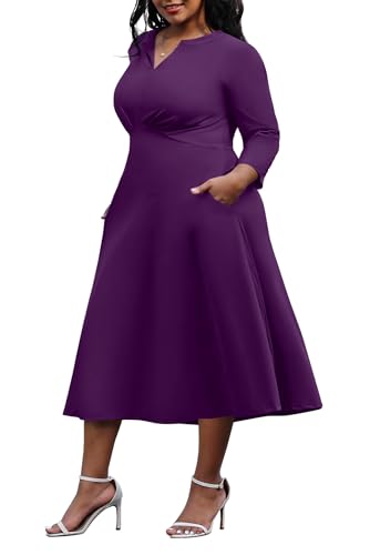 Image of Nmoder Women's Plus Size Stretchy Flared Wrap Dress Casual Wedding Guest Midi Dresses V Neck 3 /4 Sleeve A-Line Swing Dress