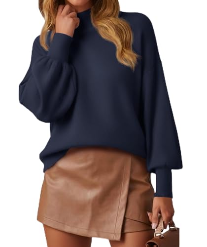 WEACZZY Sweaters for Women 2025 Long Lantern Sleeve Ladies Lightweight Pullover Knitted Tops Dressy Casual Outfits Navy Blue L