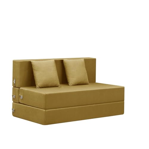 Image of Foldable Two Seater Convertible Sofa Cum Bed (4x6 ft) with Cushion | Jute Fabric | Ideal for Living Room & Guest Room - Golden Color