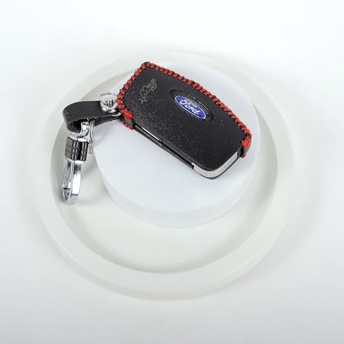 Image of Leather Smart Car Key Cover Case with Key Chain for Ford Fiesta Figo (Black)