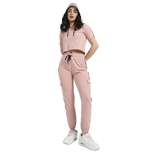 Image of PINACOLADA Women's Hooded Co-Ord Set With Contrast Piping For Casual Wear | Hooded Neck | Short Sleeve | Drawstring Closure | Cotton Co-Ords Crafted With Comfort Fit For Everyday Wear