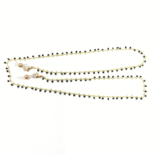 Image of Beaded Eyeglass Chain Holder, Gold Stainless Steel Chains with Black Crystal Beads, Sunglasses Strap