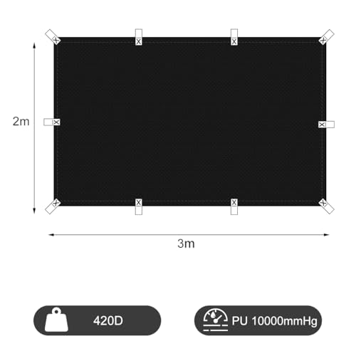 Honsaifau Waterproof Tarpaulin Outdoor Cover: Black 2m x 3m 420D Oxford Fabric Tarp Sheet with Reinforced Loops - Image 3