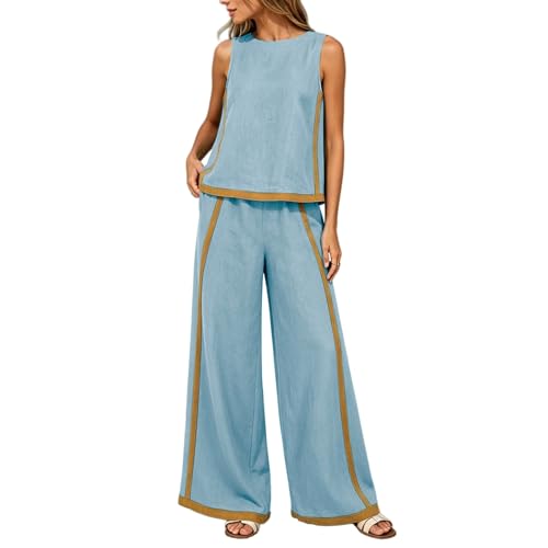 Rksezismrd 2 Piece Sets for Women Color Block Linen Lounge Sets Sleeveless Top Wide Leg Pants Matching Casual Travel Outfit